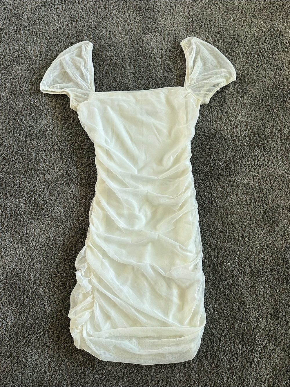 Princess Polly Ivory Ruched Mesh Mini Dress with Puff Sleeves